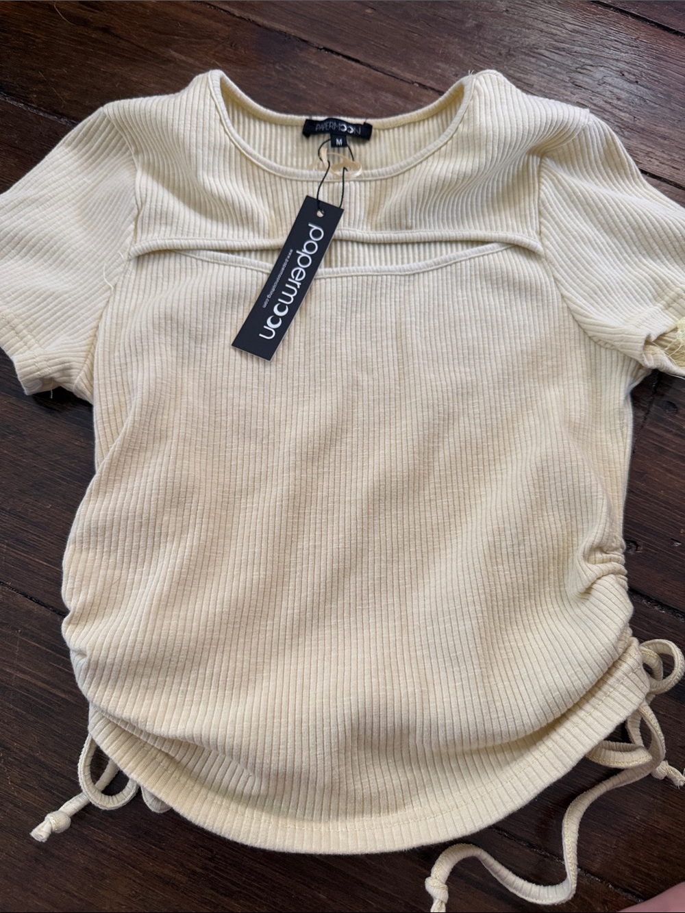 Papermoon Cream Ribbed Short Sleeve Crop Top with Side Ties